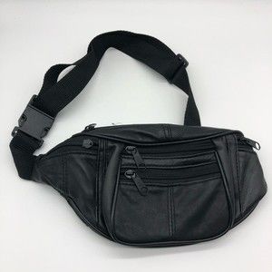 Black leather Fanny pack, 5 zippered pockets, adjustable belt, 5” x 9”, Y2K